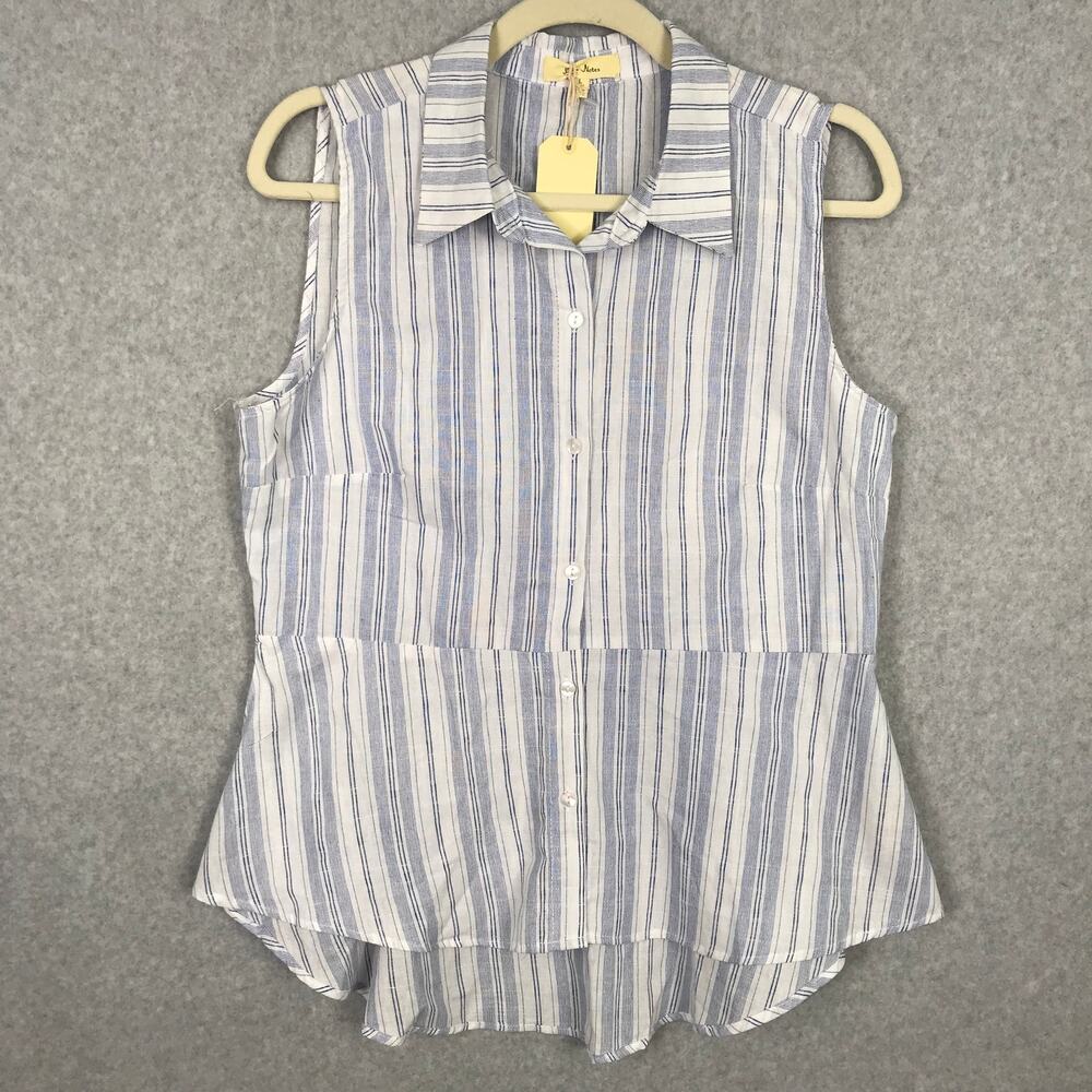 Love Notes Top Women Large Blue Stripe Shirt Tank Button Preppy Nautical Coastal
